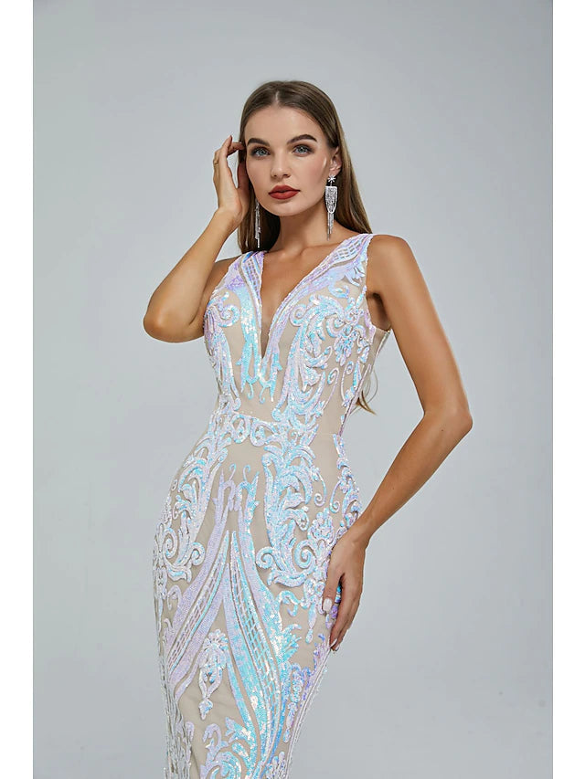 Mermaid / Trumpet Evening Gown Elegant Dress Engagement Court Train Sleeveless V Neck Sequined