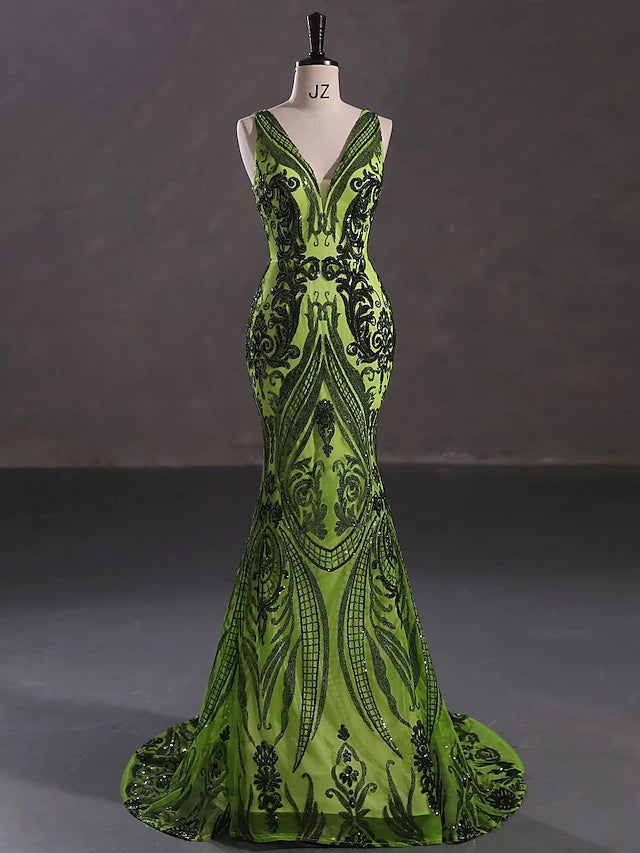 Mermaid / Trumpet Evening Gown Elegant Dress Engagement Court Train Sleeveless V Neck Sequined