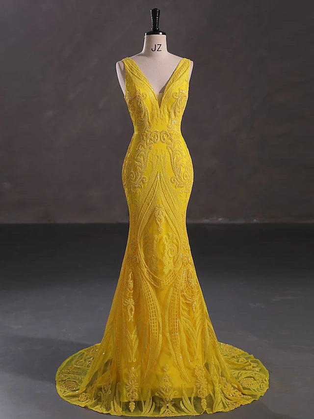 Mermaid / Trumpet Evening Gown Elegant Dress Engagement Court Train Sleeveless V Neck Sequined