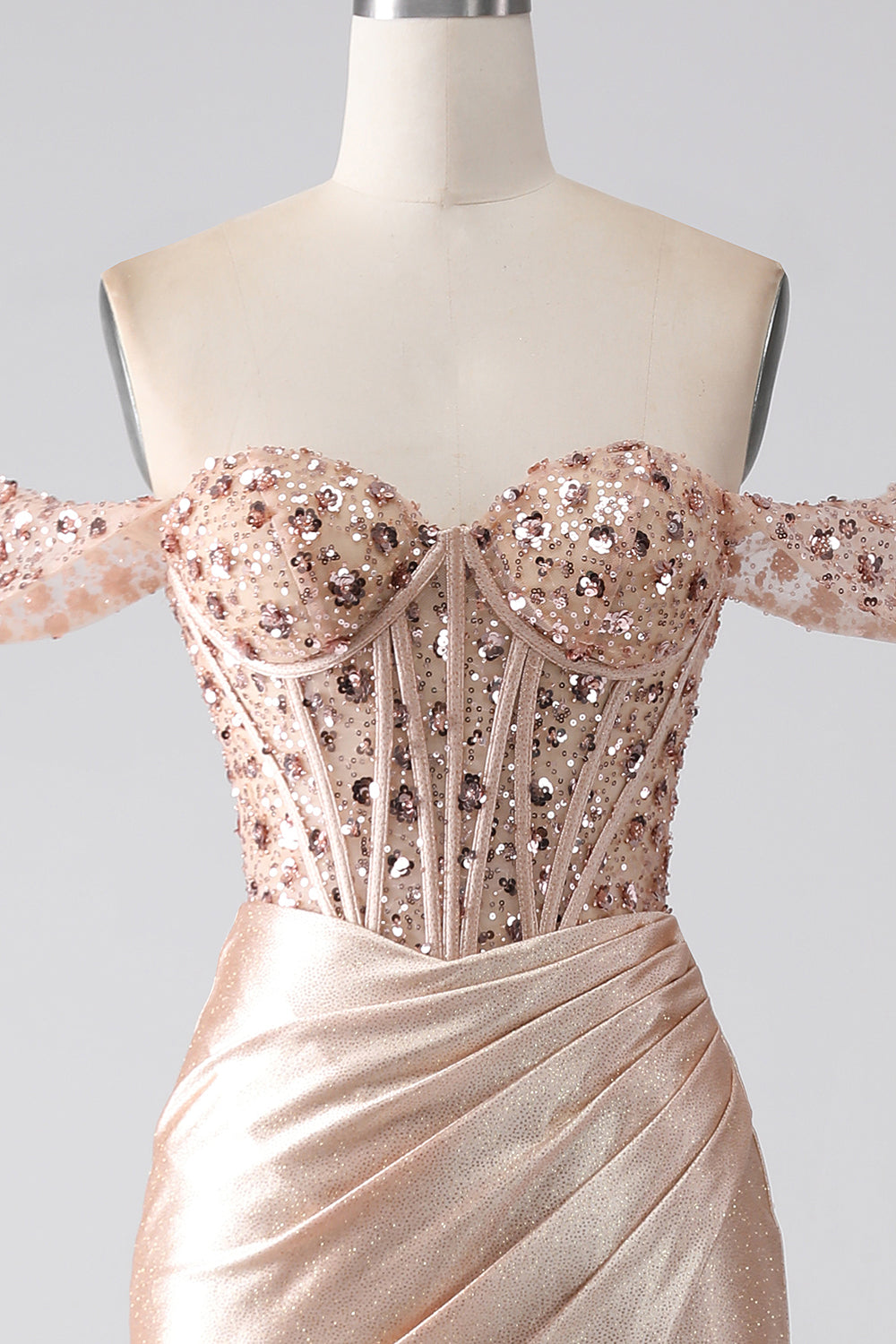 Champagne Mermaid Off The Shoulder Sequins Corset Prom Dress With Slit Evening Dresses