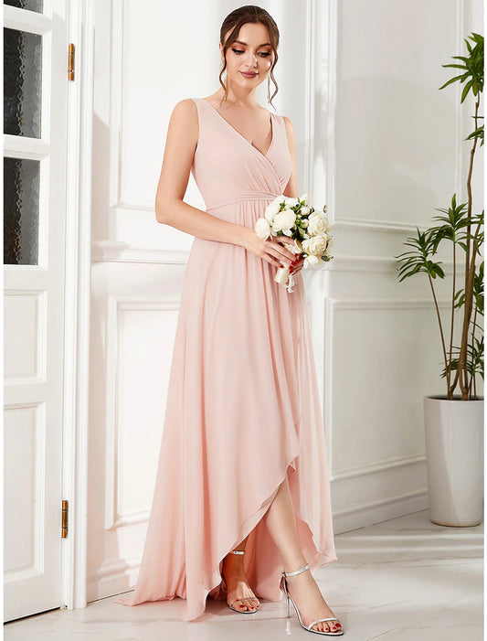 A-Line Wedding Guest Dresses Elegant Dress Party Wear Asymmetrical Sleeveless Spaghetti Strap Chiffon with Ruffles
