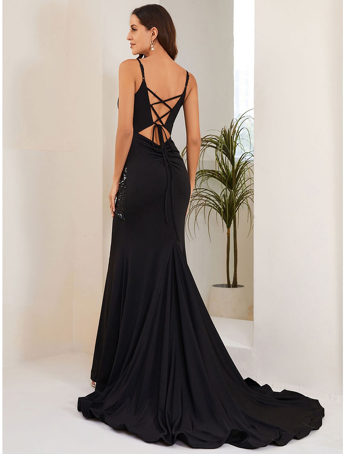 Mermaid / Trumpet Evening Gown Sexy Dress Formal Court Train Sleeveless Spaghetti Strap Stretch Fabric with Crystals
