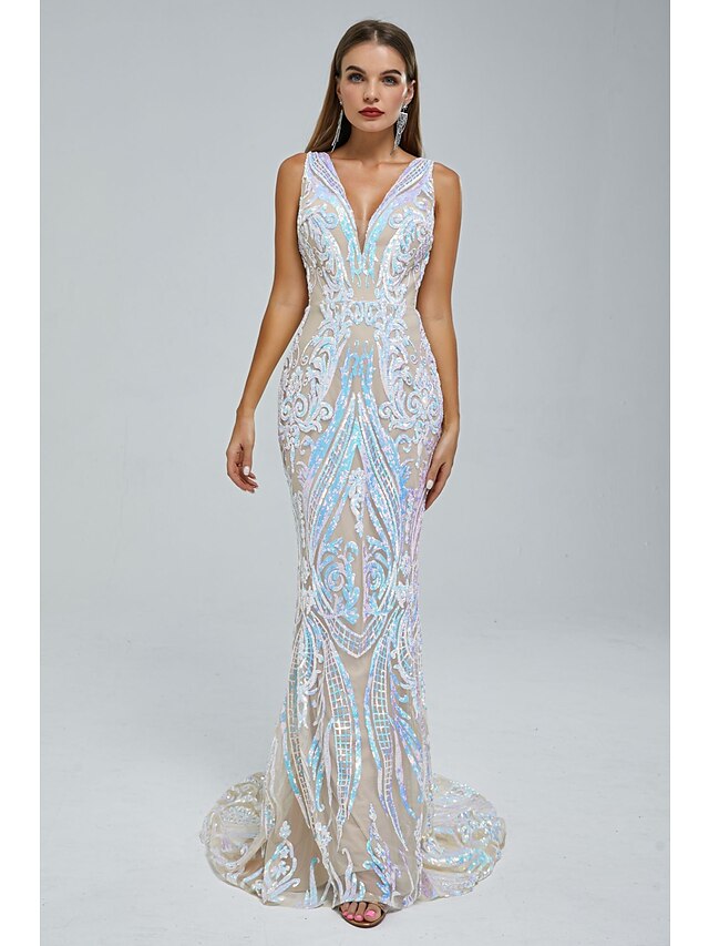 Mermaid / Trumpet Evening Gown Elegant Dress Engagement Court Train Sleeveless V Neck Sequined