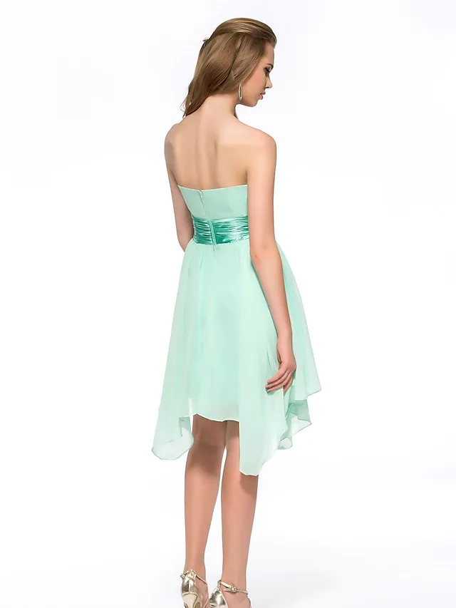 A-Line Minimalist Elegant Engagement Cocktail Party Dress Strapless Sleeveless Asymmetrical Knee Length Chiffon with Sash Ribbon