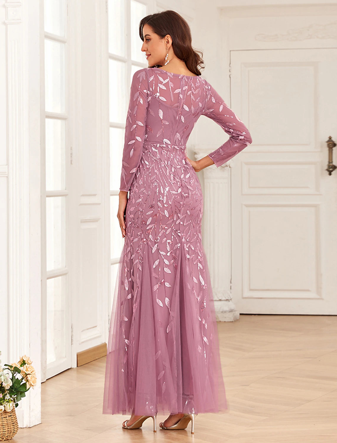 Mermaid / Trumpet Evening Gown Elegant Dress Prom Floor Length Long Sleeve Jewel Neck Tulle