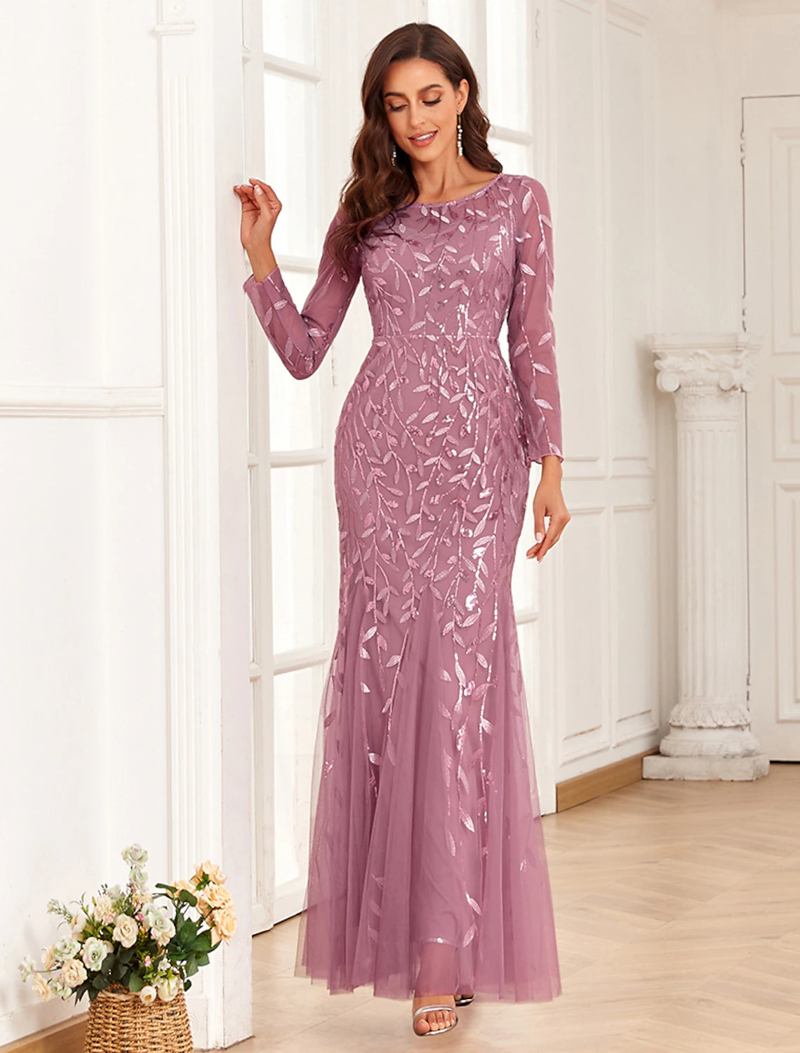 Mermaid / Trumpet Evening Gown Elegant Dress Prom Floor Length Long Sleeve Jewel Neck Tulle