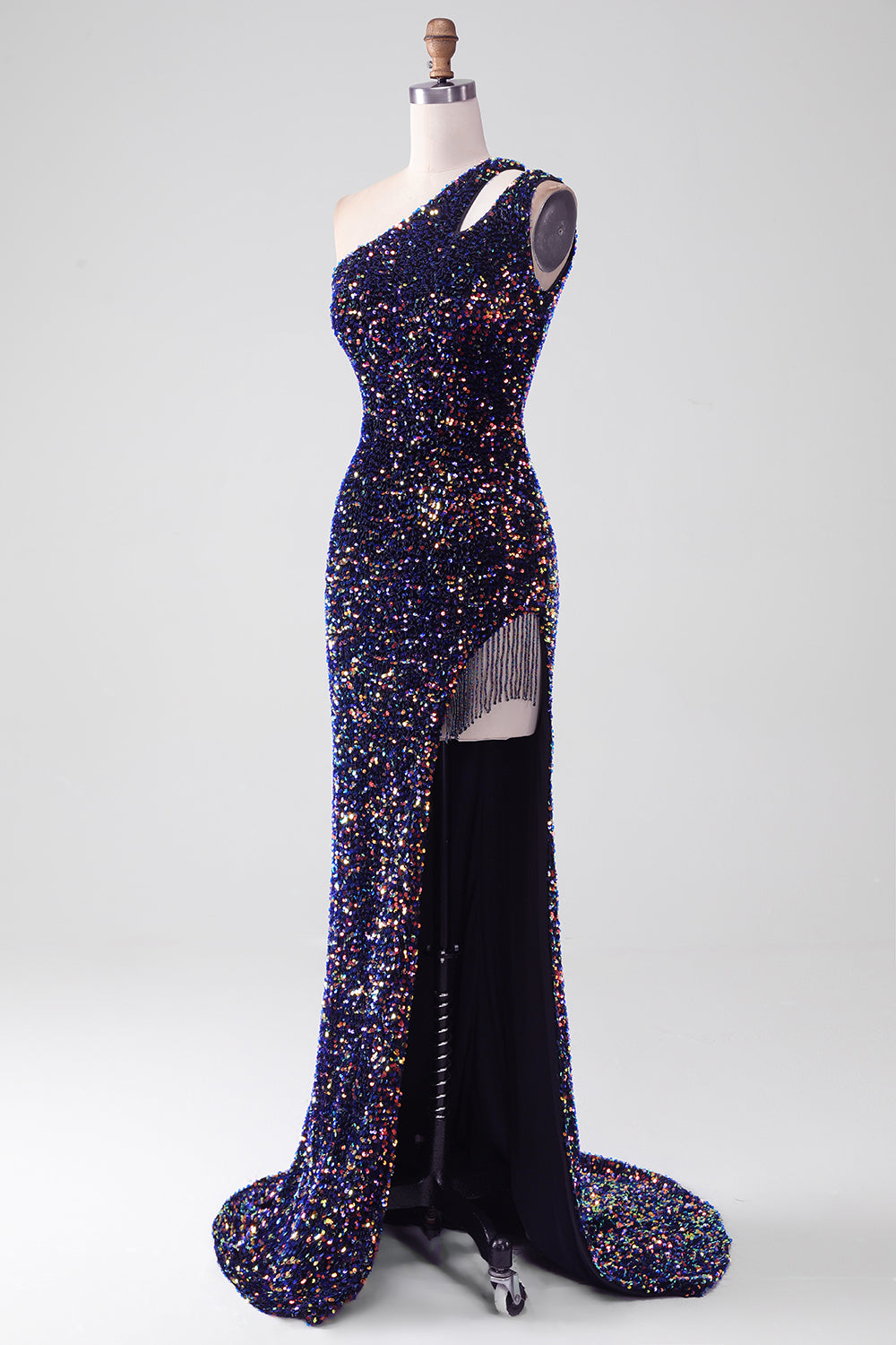 Black Mermaid One Shoulder Sequins Long Prom Dress with High Slit Sparkly Evening Dresses