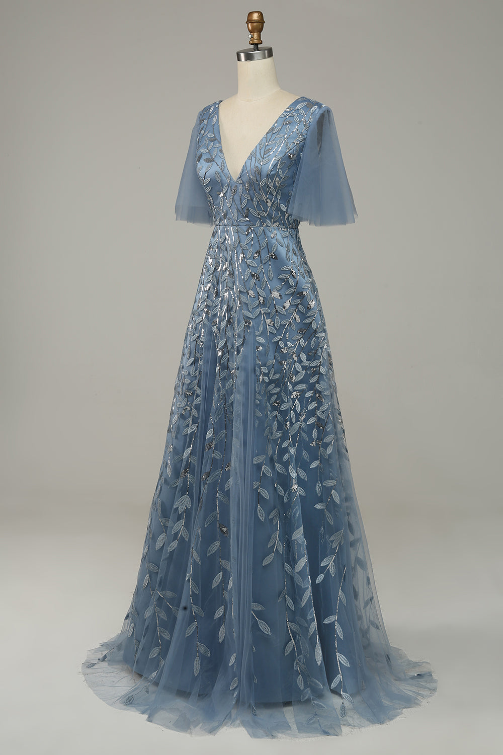 Blue A Line V Neck Tulle Embroidered Leaves Prom Dress Sexy Evening Dresses