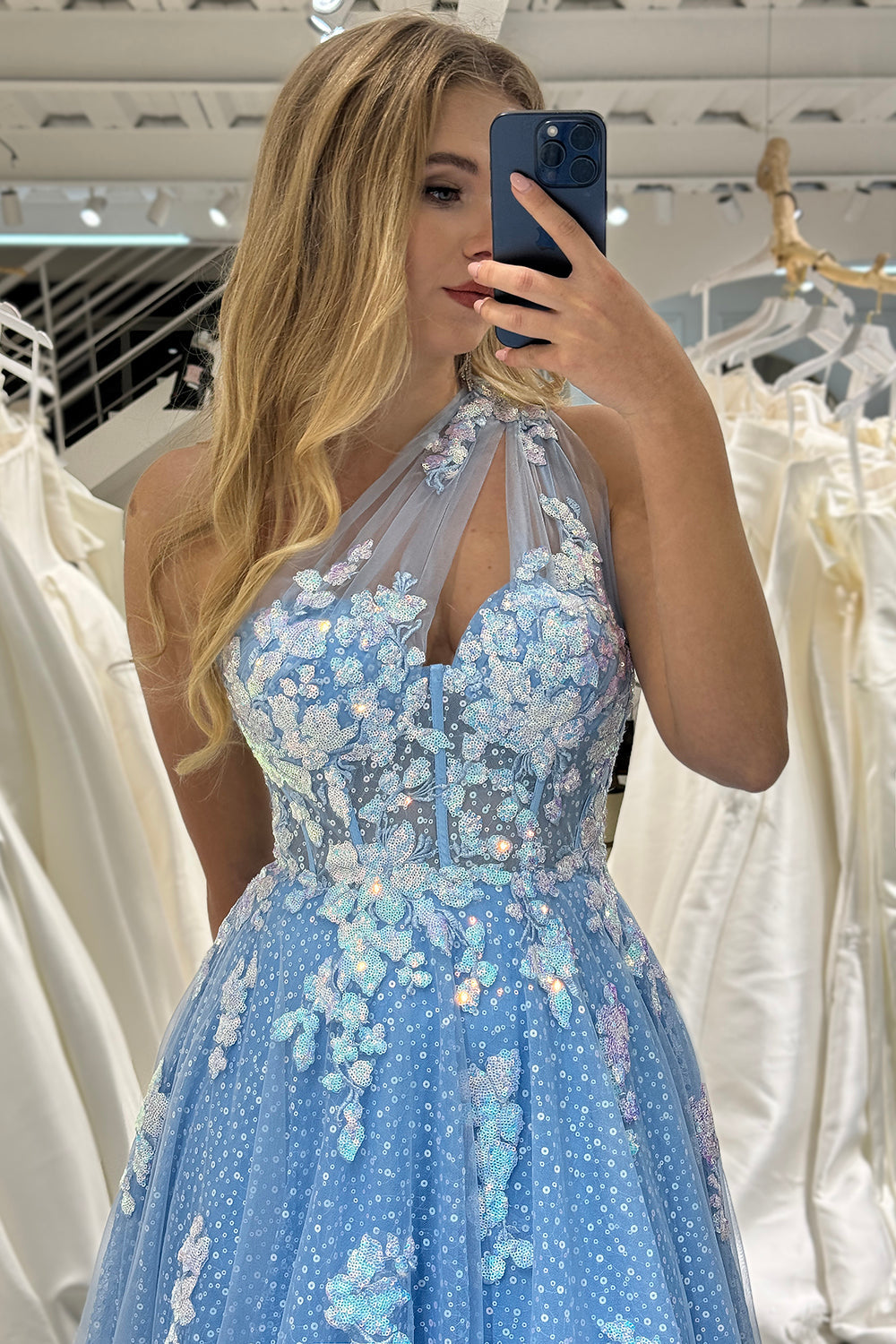 Light Blue A Line One Shoulder Sparkly Sequin Tulle Prom Dress With Appliques Beautiful