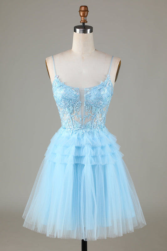 Cute A Line Spaghetti Straps Glitter Blue Short Homecoming Dress with Appliques Sexy