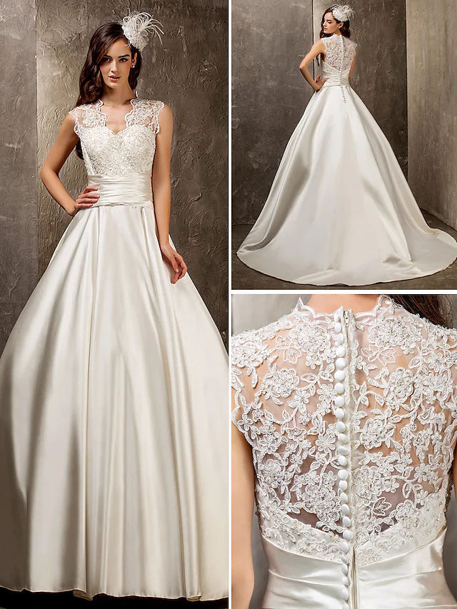 A-Line Wedding Dresses Queen Anne Lace Satin Sleeveless See-Through with Sash Ribbon Beading