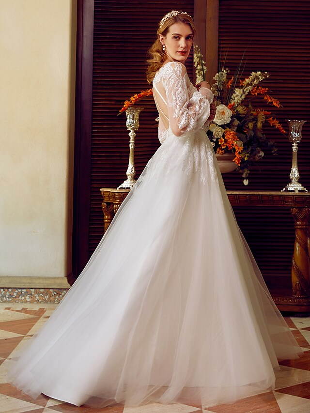 A-Line Wedding Dresses V Neck Lace Tulle Long Sleeve See-Through Pure Color