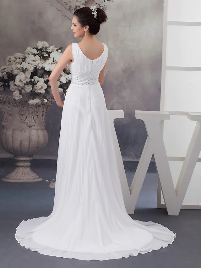 A-Line Wedding Dresses V Neck Chapel Train Chiffon Satin Regular Straps with Crystals Beading