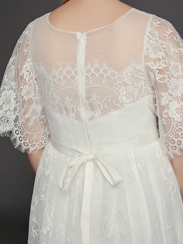 A-Line Wedding Dresses Illusion Neck Jewel Neck Floor Length Lace Tulle Half Sleeve Formal Boho Little White Dress See-Through with Beading Lace