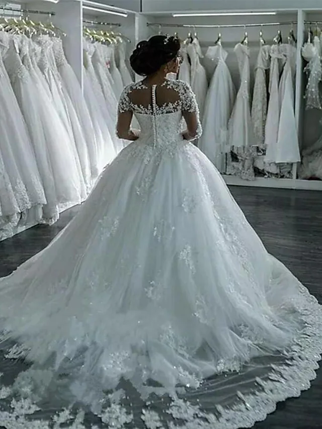 A-Line Wedding Dresses High Neck Court Train Lace Long Sleeve Country Glamorous Backless Illusion Sleeve