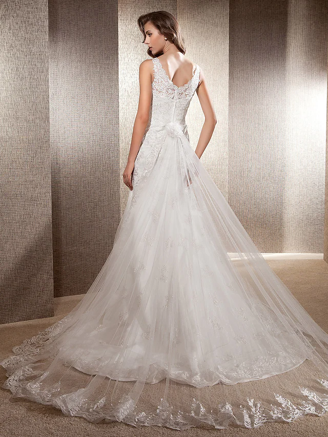 Wedding Dresses Scoop Neck Lace Tulle Sleeveless Long