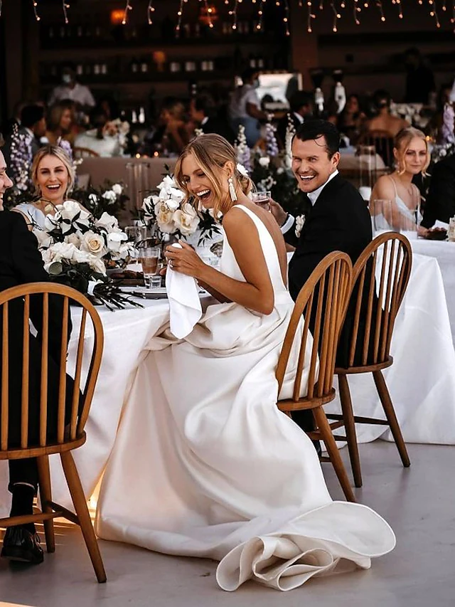 A-Line Wedding Dresses V Neck Court Train Satin Sleeveless Simple Sexy with Sashes Ribbons