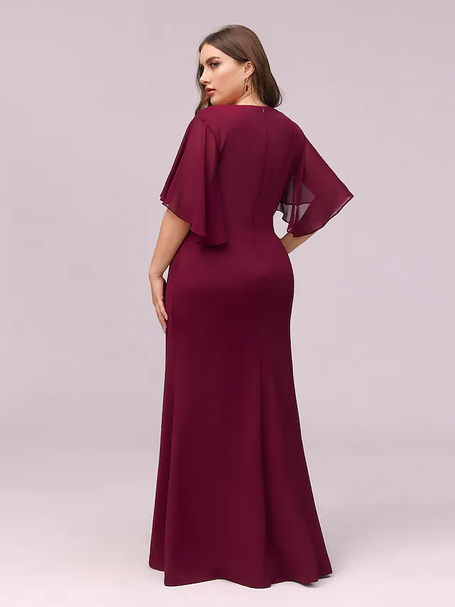 V Neck Floor Length Chiffon Bridesmaid Dress with Appliques Plus Size Pure Color