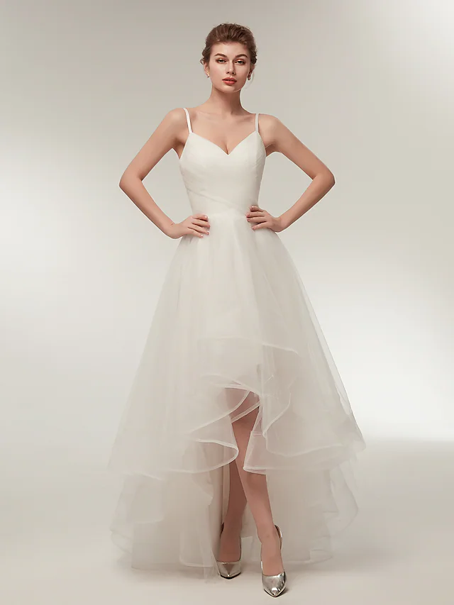 A-Line Wedding Dresses V Neck Asymmetrical Tulle Spaghetti Strap Simple Casual Little White Dress