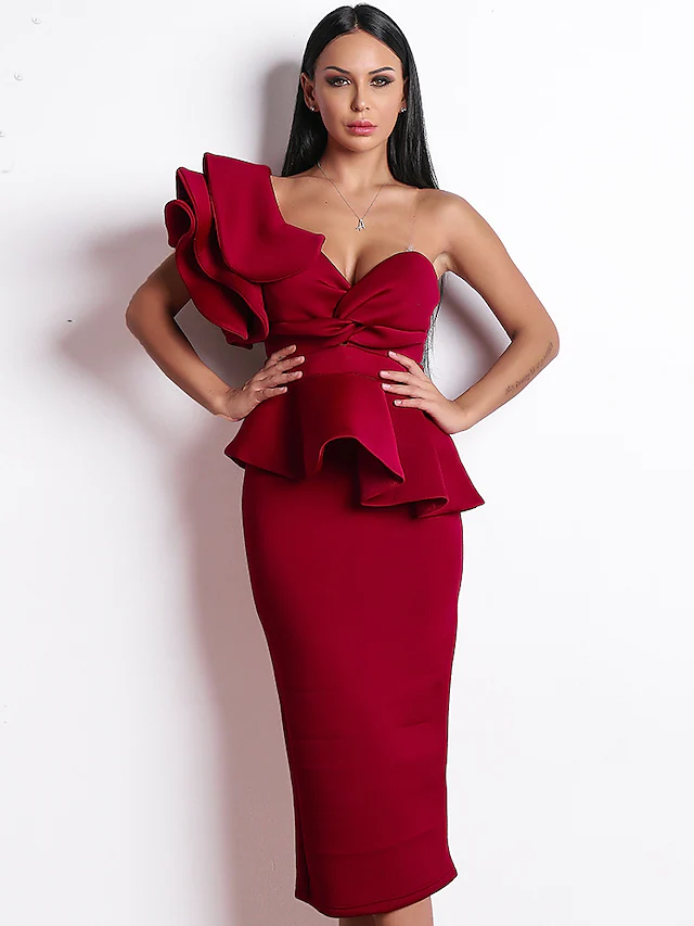 Beautiful Back Sexy Party Wear Cocktail Party Dress One Shoulder Sleeveless Tea Length Spandex