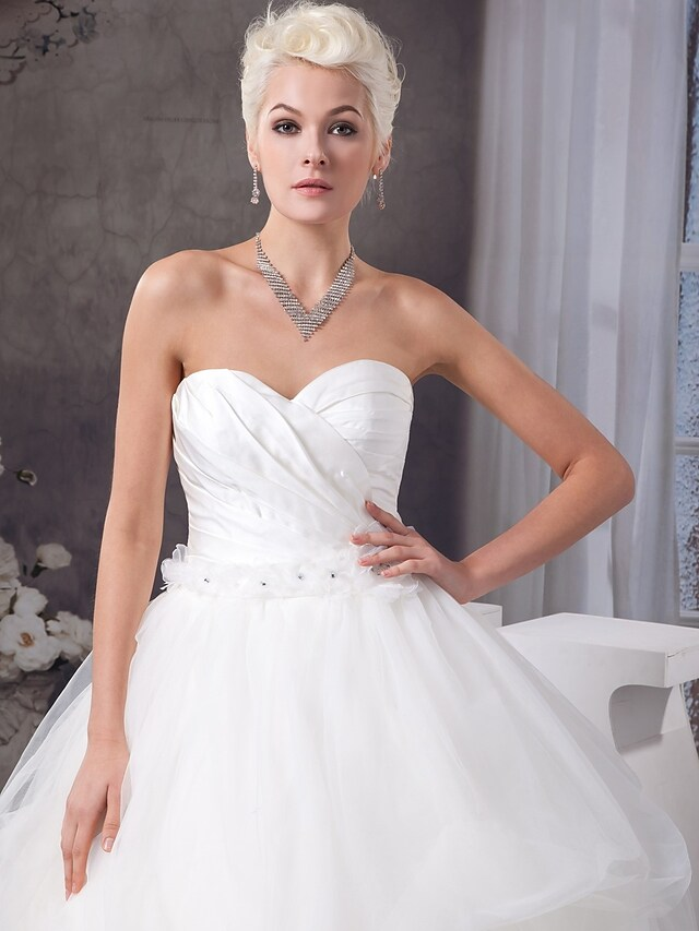 A-Line Wedding Dresses Sweetheart Neckline Court Train Organza Satin Strapless with Pick Up Skirt Ruched