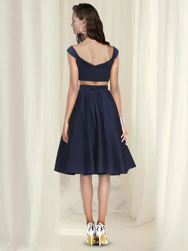 Two Piece A-Line Reformation Amante Minimalist Party Wear Cocktail Party Dress V Neck Sleeveless Knee Length Satin