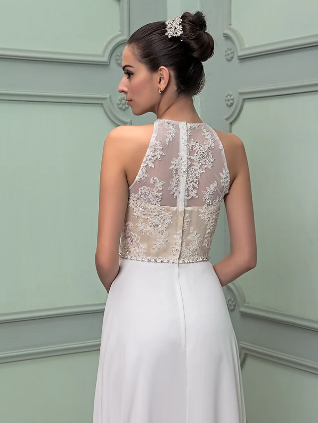 Wedding Dresses Jewel Neck Floor Length Chiffon Lace Regular Straps See-Through with Sash Ribbon