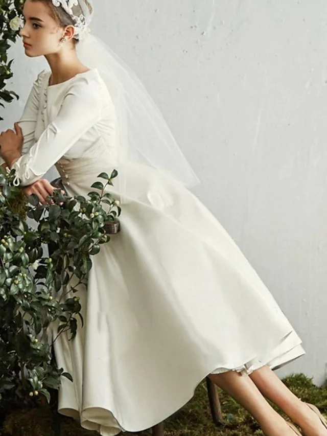A-Line Wedding Dresses Jewel Neck Tea Length Satin Half Sleeve Simple Vintage Little White Dress with Buttons