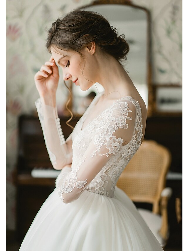 Ball Gown Wedding Dresses V Neck Chapel Train Tulle Long Sleeve Formal with Pleats