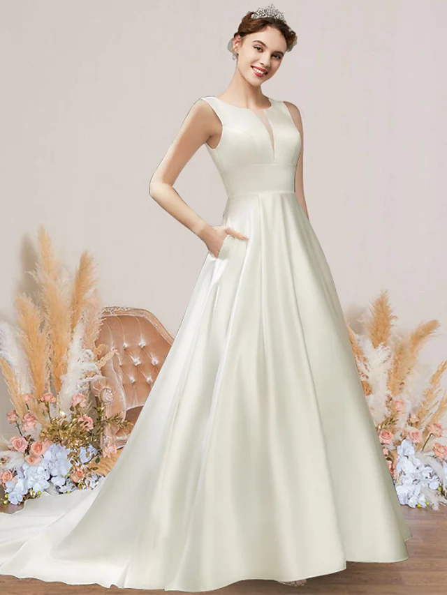 A-Line Wedding Dresses Jewel Neck Court Train Satin Short Sleeve Formal Simple with Pleats Pure Color