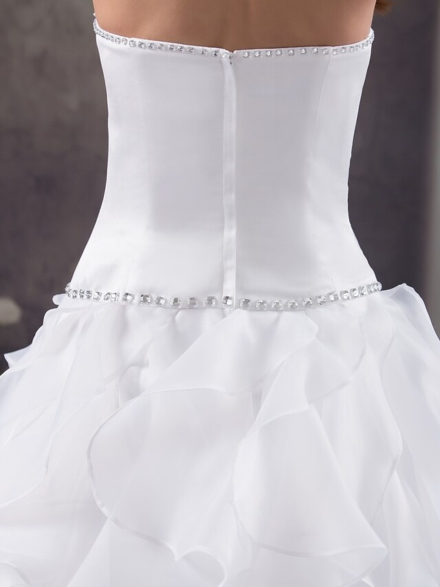 A-Line Wedding Dresses Strapless Court Train Organza Satin Strapless with Beading Cascading