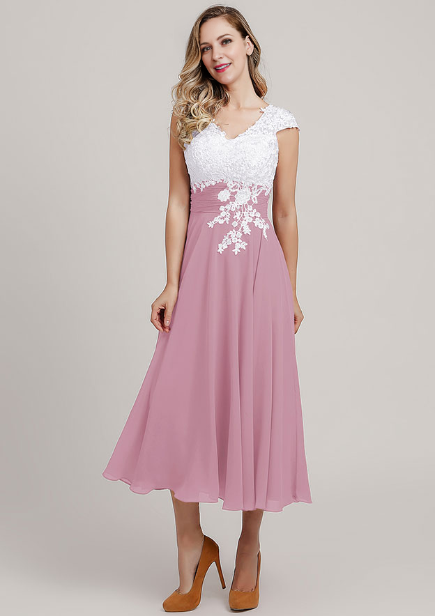 Chiffon Mother of the Bride Dress A-linePrincess V Neck Short Sleeve Tea-Length With Lace Short