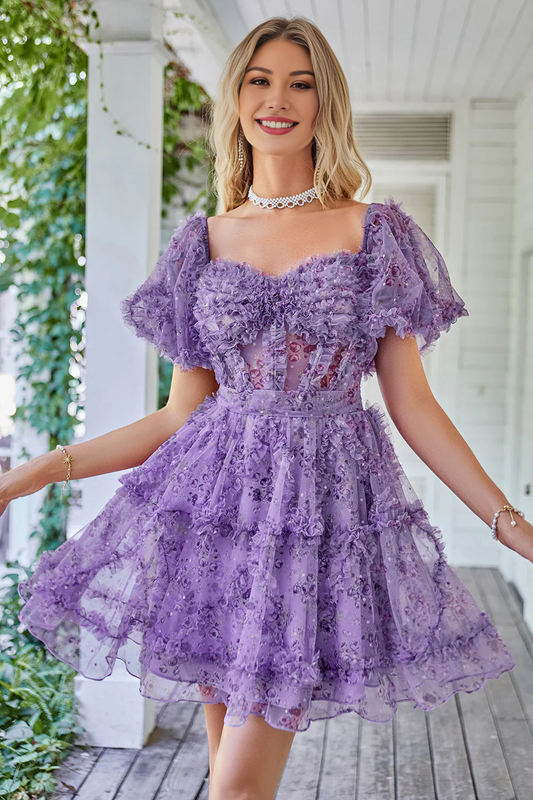 Beautiful A Line Off the Shoulder Fuchsia Tulle Short Homecoming Dress with Short Sleeves Sexy