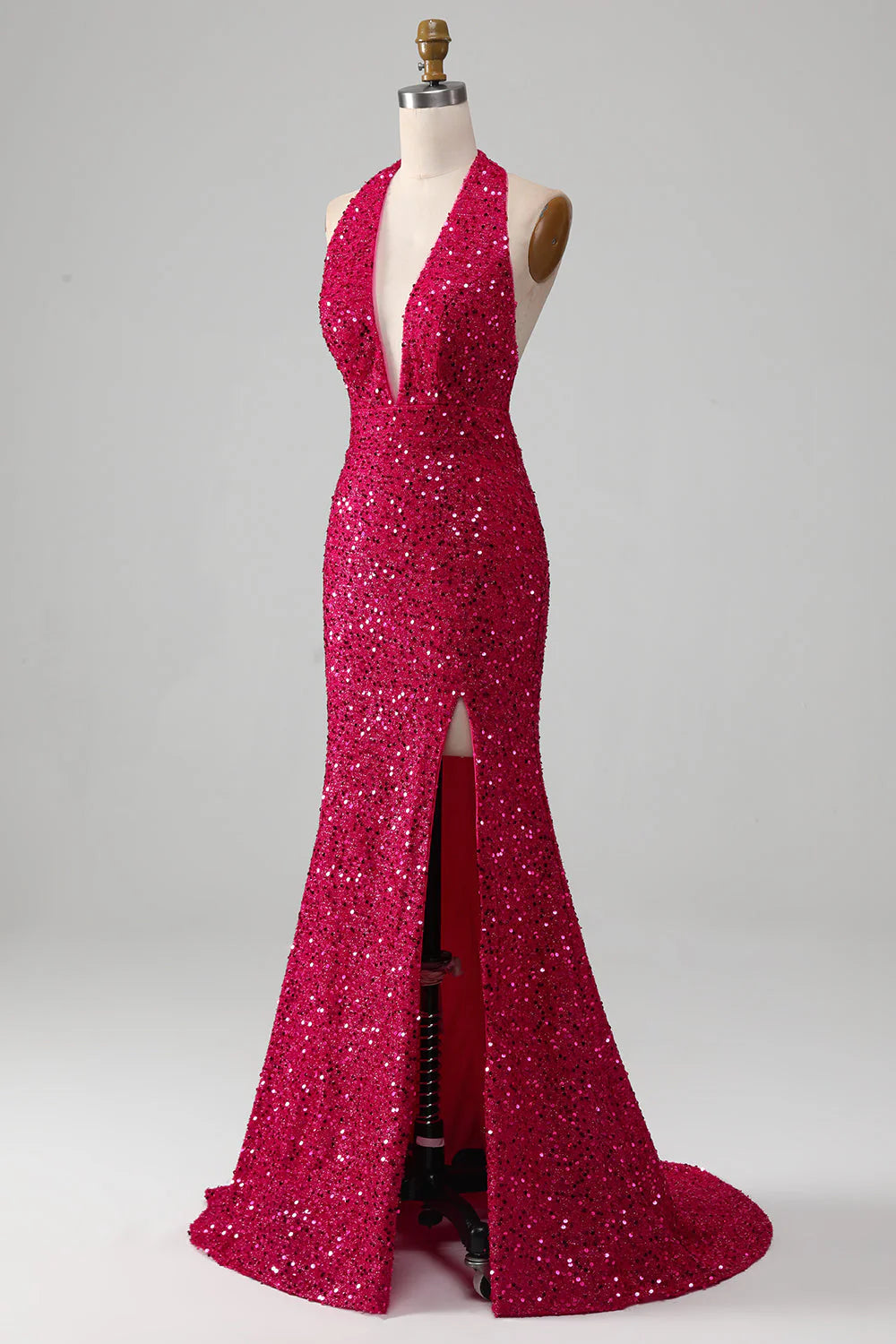 Mermaid Halter Sequin Prom Dress With Slit V-neck Sexy Sparkly