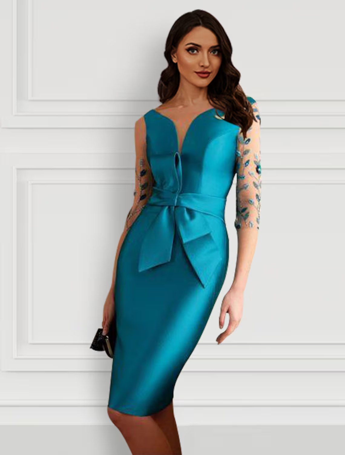 Sheath / Column Cocktail Dresses Open Back Dress Formal Knee Length Half Sleeve Jewel Neck Satin with Bow(s) Slit