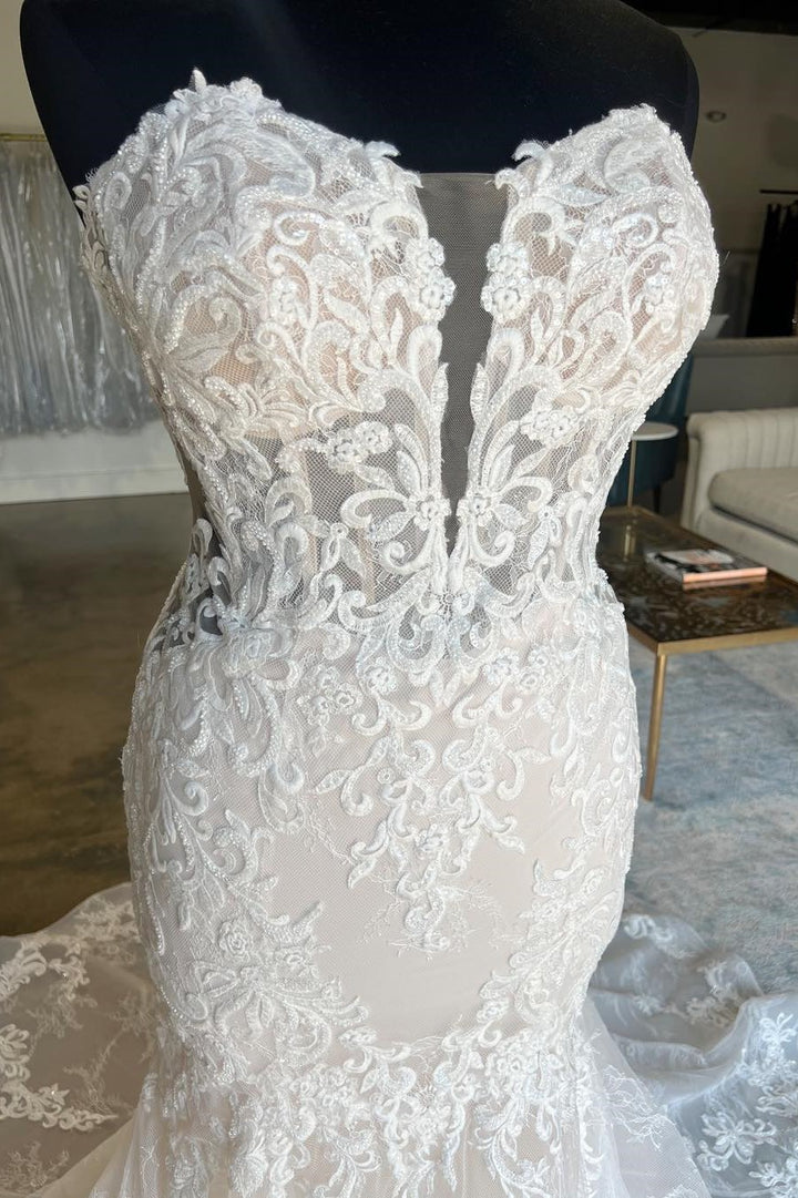 Ivory Strapless Floral Lace Trumpet Long Bridal Gown Wedding Dresses