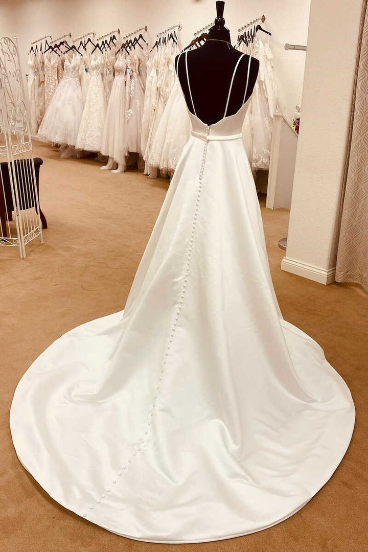 Elegant Satin Spaghetti Straps Backless Long Wedding Dress V-neck