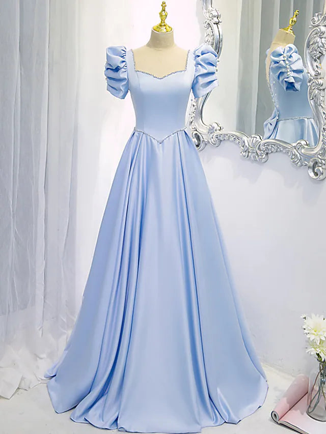 A-Line Bridesmaid Dress Square Neck Short Sleeve Elegant Satin with Bow(s) Beading Beautiful