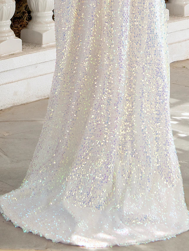 Sheath / Column Evening Gown Sexy Dress Party Wear Sweep / Brush Train Short Sleeve Off Shoulder Sequined