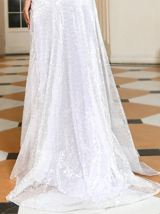 Sheath / Column Evening Gown Convertible Dress Prom Sweep / Brush Train Short Sleeve Off Shoulder Satin