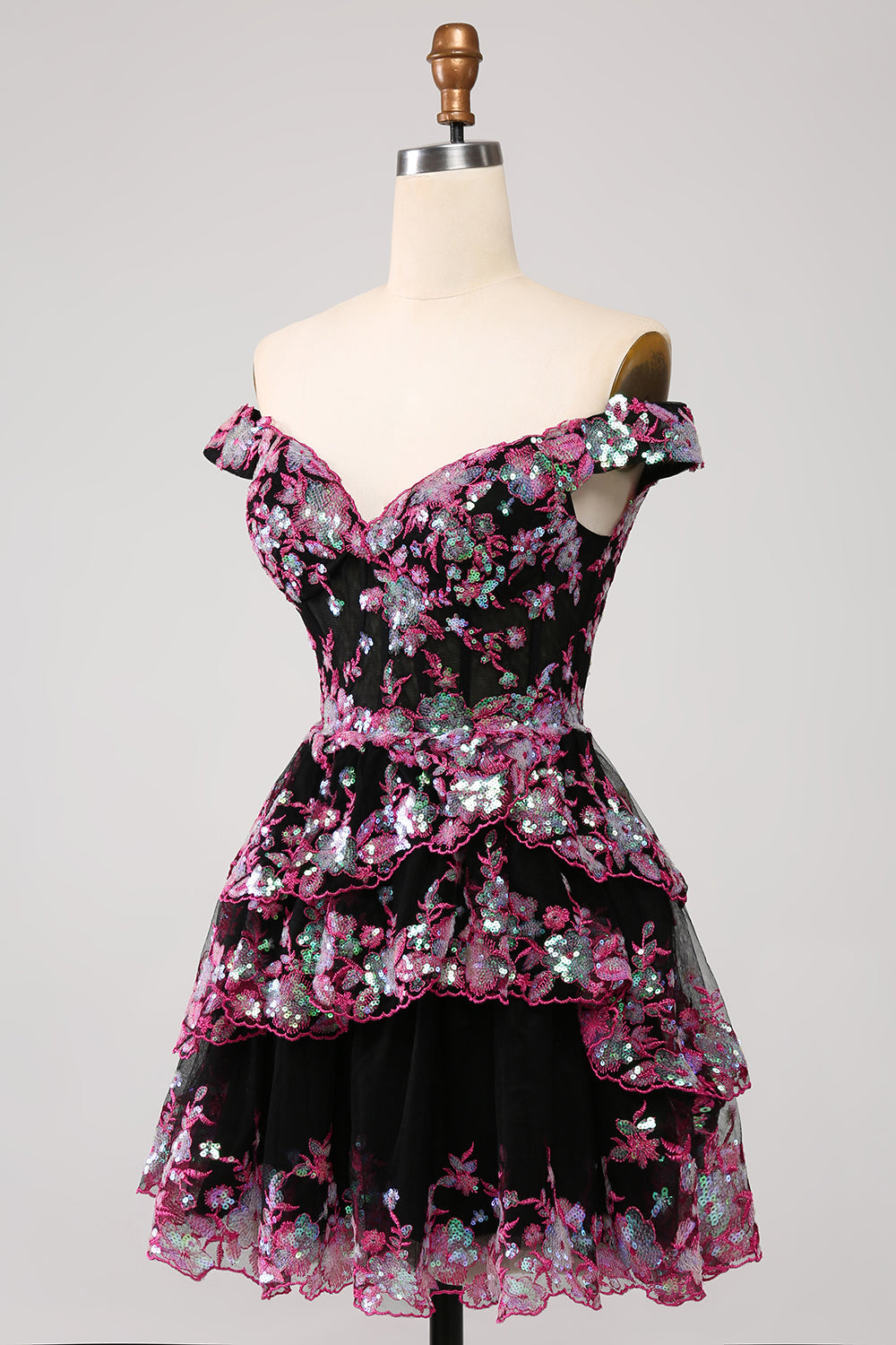 Sparkly Black Pink A-Line Corset Tiered Short Homecoming Dress Sexy