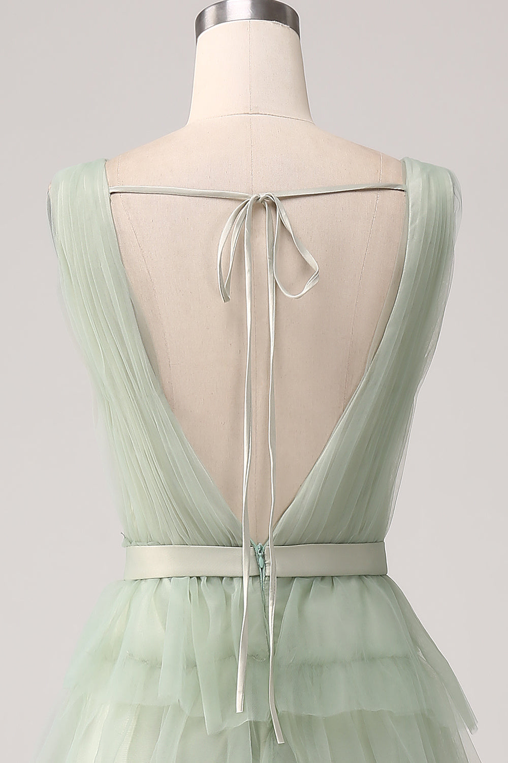 A-Line V Neck Tiered Floor Length Tulle Maxi Dress With Slit Prom Dresses