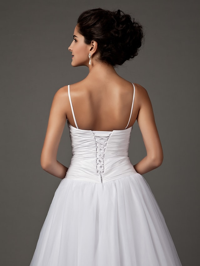 A-Line Wedding Dresses Sweetheart Neckline Spaghetti Strap Floor Length Taffeta Tulle Sleeveless Long