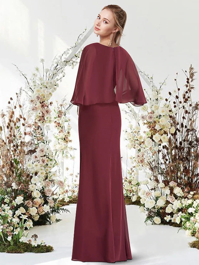 Sheath / Column Minimalist Elegant Engagement Formal Evening Dress Jewel Neck Half Sleeve Floor Length Chiffon with Sash