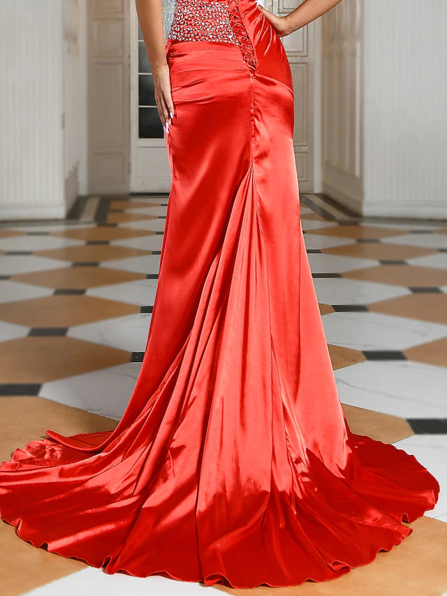 Mermaid / Trumpet Evening Gown Luxurious Dress Christmas Formal Sweep / Brush Train Sleeveless Strapless Charmeuse