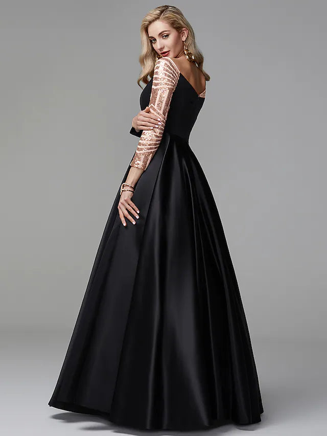 Ball Gown Sparkle Quinceanera Formal Evening Dress Off Shoulder Long Sleeve Floor Length Satin