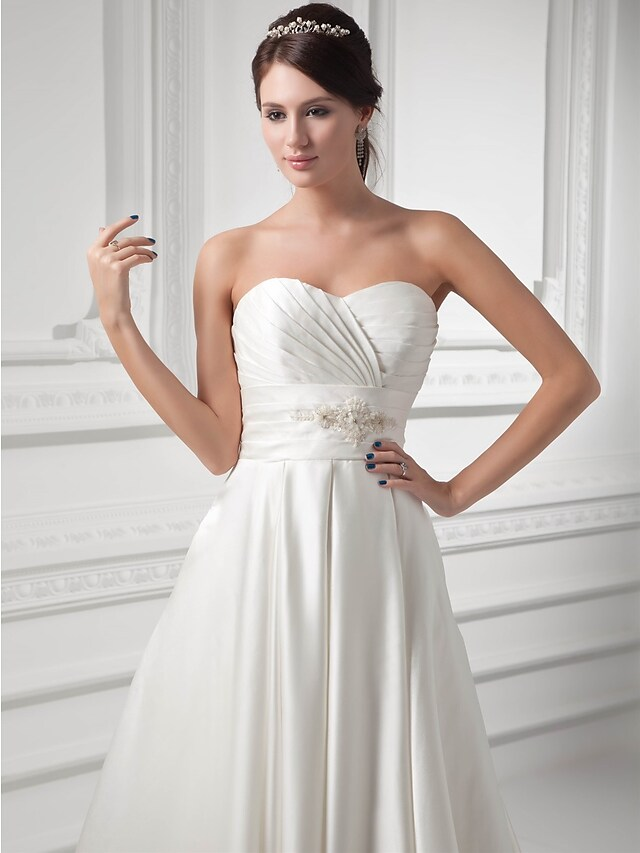 A-Line Wedding Dresses Sweetheart Neckline Court Train Satin Strapless with Buttons Ruched
