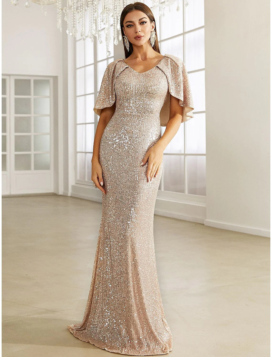 Mermaid / Trumpet Evening Gown Elegant Dress Formal Fall Sweep / Brush Train Half Sleeve V Neck Sequined
