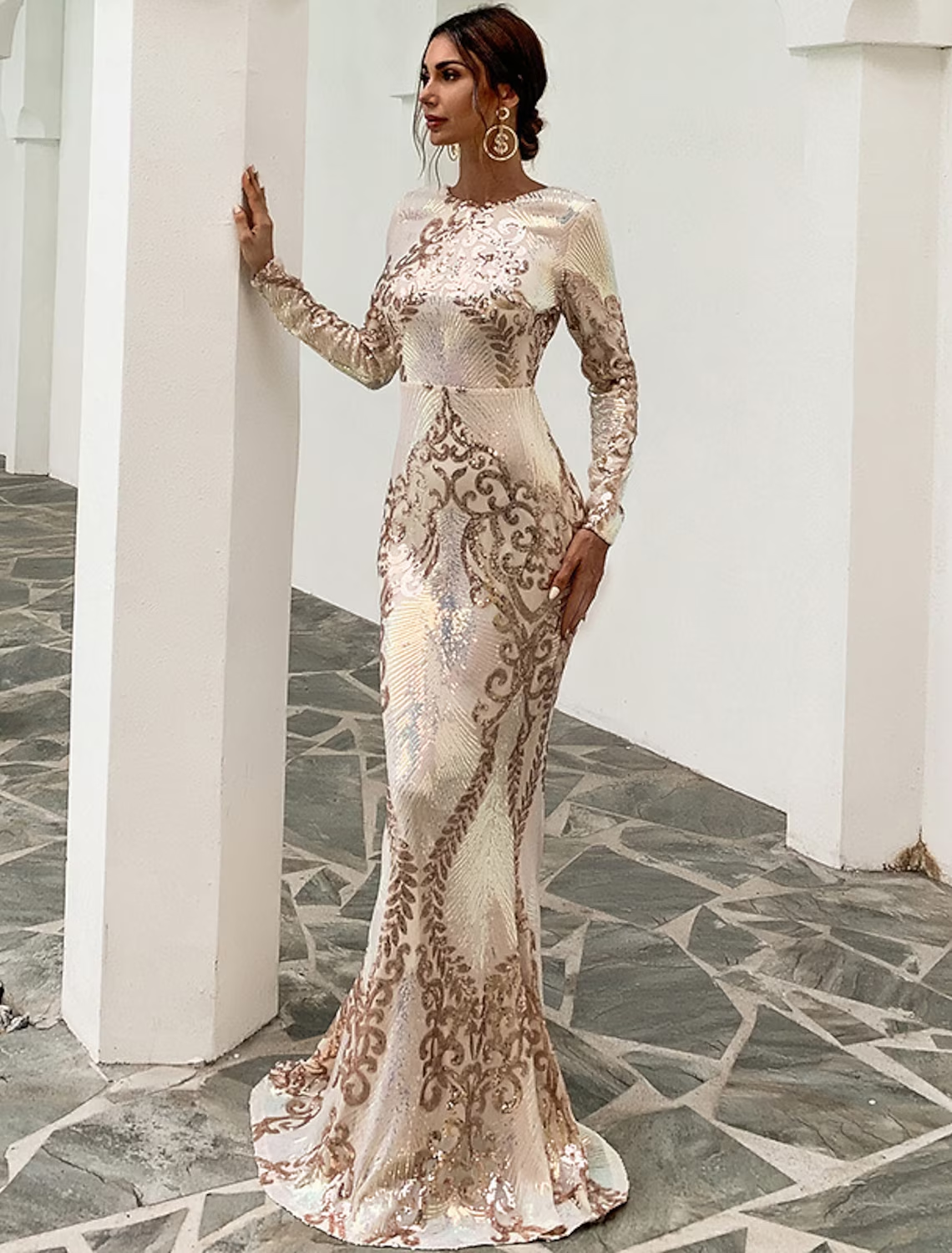 Mermaid / Trumpet Evening Gown Sexy Dress Formal Sweep / Brush Train Long Sleeve Jewel Neck Polyester Backless