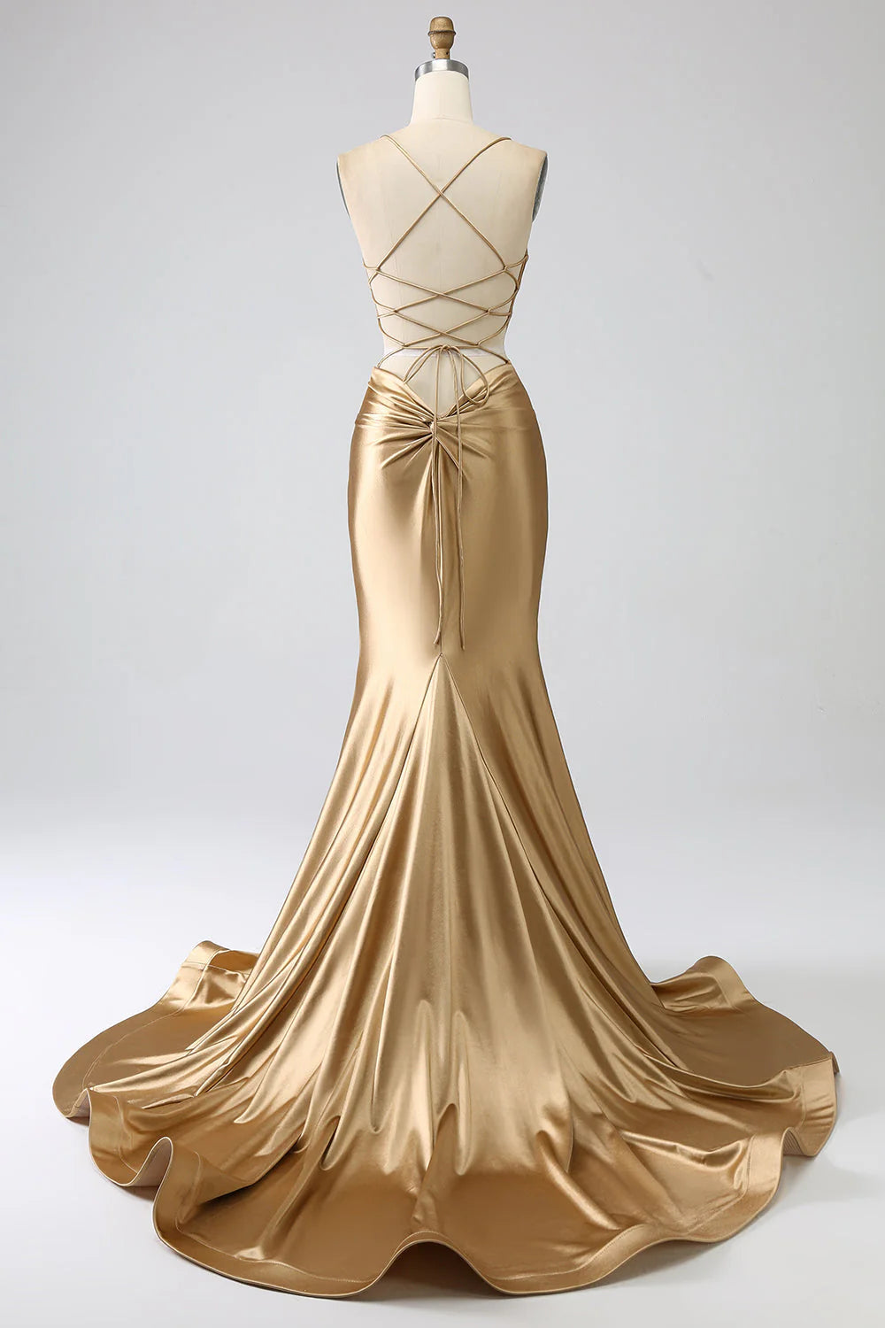 Mermaid Spaghetti Straps Satin Long Prom Dress with Lace-up Back Pure Color